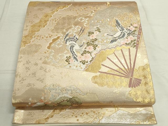平和屋着物◎六通柄袋帯 扇面飛鶴花文 金銀糸 正絹 逸品 DAAS7235xg
