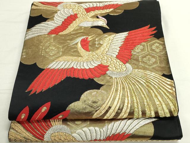 平和屋着物◎六通柄袋帯 雲取り飛鳥文 都緞子 黒地 金銀糸 正絹 逸品 DAAS7242xg