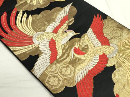 平和屋着物◎六通柄袋帯 雲取り飛鳥文 都緞子 黒地 金銀糸 正絹 逸品 DAAS7242xg