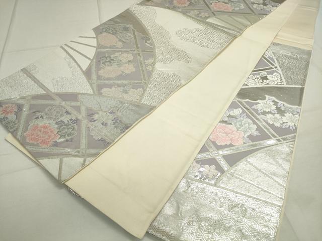 平和屋着物◎六通柄袋帯 唐織 扇面花文 銀糸 正絹 逸品 DAAS7243xg