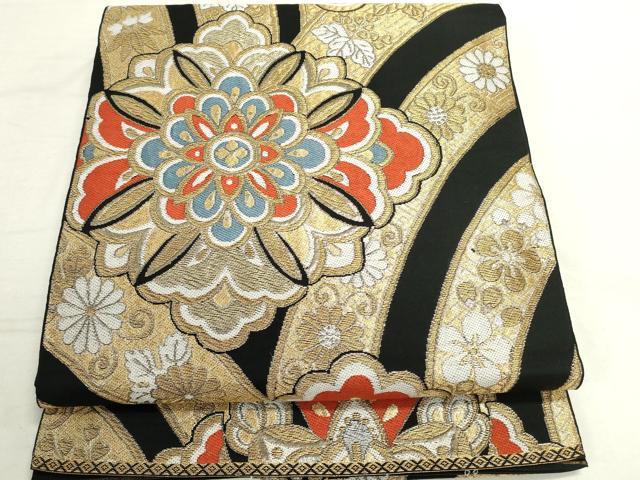 平和屋着物◎六通柄 本袋帯 正倉院更紗花文 黒地 金糸 正絹 逸品 DAAS7244xg