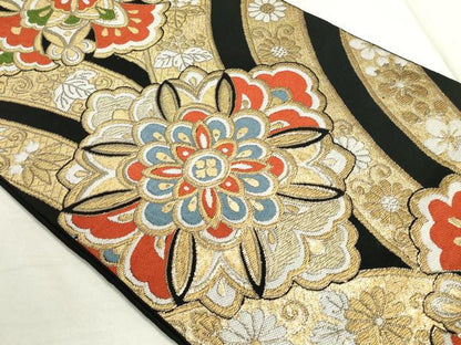 平和屋着物◎六通柄 本袋帯 正倉院更紗花文 黒地 金糸 正絹 逸品 DAAS7244xg