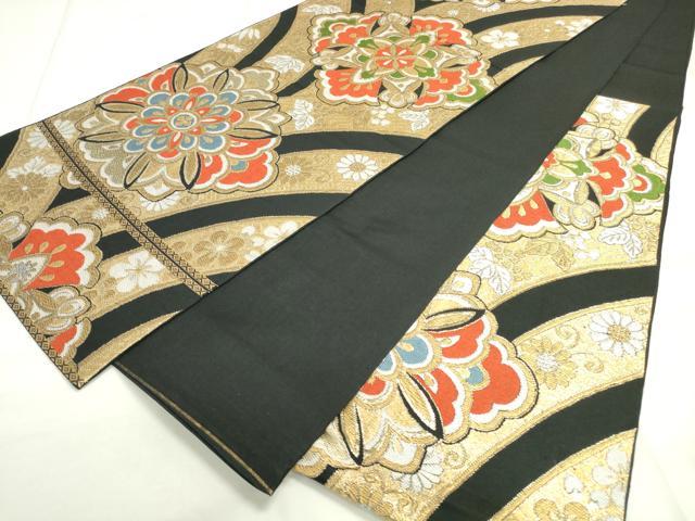 平和屋着物◎六通柄 本袋帯 正倉院更紗花文 黒地 金糸 正絹 逸品 DAAS7244xg