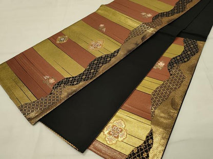 平和屋着物◎六通柄袋帯　正倉院花文　黒地　金彩　引箔　正絹　逸品　DAAS8022qp