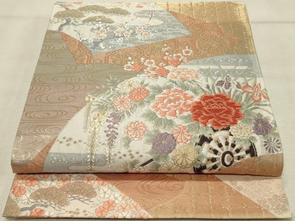 平和屋着物◎六通柄袋帯　唐織　扇面重ね花車文　金糸　正絹　逸品　DAAS8341qp