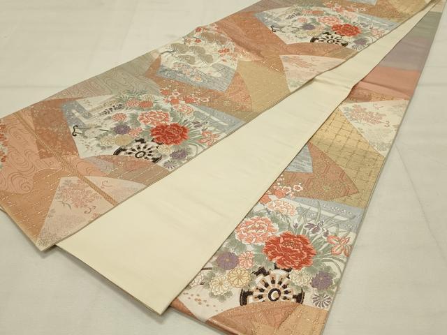 平和屋着物◎六通柄袋帯　唐織　扇面重ね花車文　金糸　正絹　逸品　DAAS8341qp