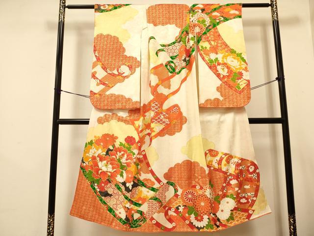 平和屋着物∵女の子 十三参り 子供 祝着・袋帯セット 駒刺繍 絵巻牡丹花文 金彩 逸品 DAAS9005ma