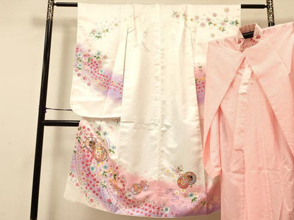 平和屋着物[]七五三　女の子　７歳　祝着　四つ身　長襦袢(単衣・半衿刺繍)セット　鼓花文　暈し染め　金彩　洗える着物　DAAS9025ma