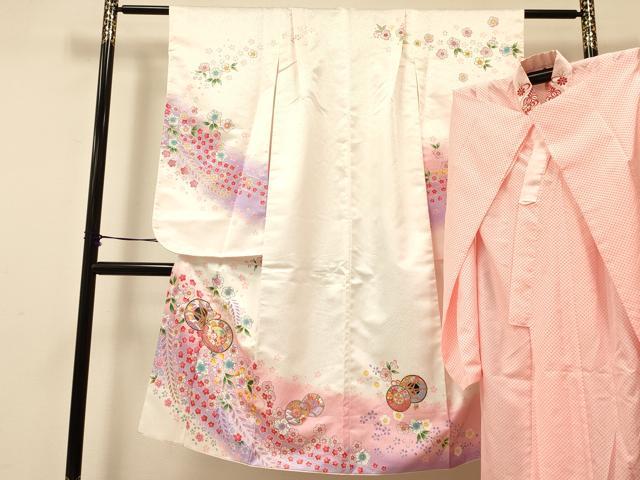 平和屋着物[]七五三　女の子　７歳　祝着　四つ身　長襦袢(単衣・半衿刺繍)セット　鼓花文　暈し染め　金彩　洗える着物　DAAS9025ma