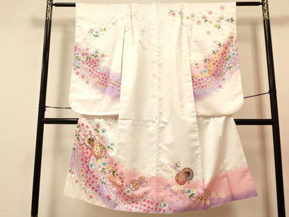 平和屋着物[]七五三　女の子　７歳　祝着　四つ身　長襦袢(単衣・半衿刺繍)セット　鼓花文　暈し染め　金彩　洗える着物　DAAS9025ma
