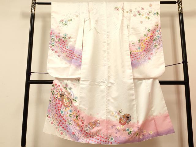 平和屋着物[]七五三　女の子　７歳　祝着　四つ身　長襦袢(単衣・半衿刺繍)セット　鼓花文　暈し染め　金彩　洗える着物　DAAS9025ma