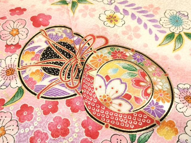 平和屋着物[]七五三　女の子　７歳　祝着　四つ身　長襦袢(単衣・半衿刺繍)セット　鼓花文　暈し染め　金彩　洗える着物　DAAS9025ma