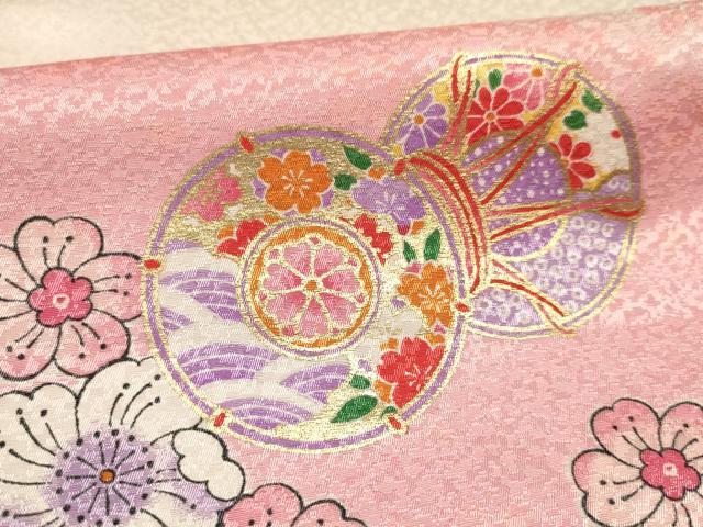 平和屋着物[]七五三　女の子　７歳　祝着　四つ身　長襦袢(単衣・半衿刺繍)セット　鼓花文　暈し染め　金彩　洗える着物　DAAS9025ma