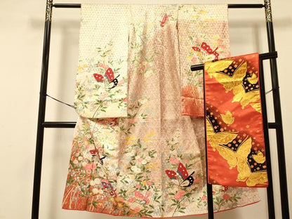 平和屋着物[]七五三　女の子　７歳　祝着　四つ身　袋帯セット　花蝶文　金彩　逸品　DAAS9026ma