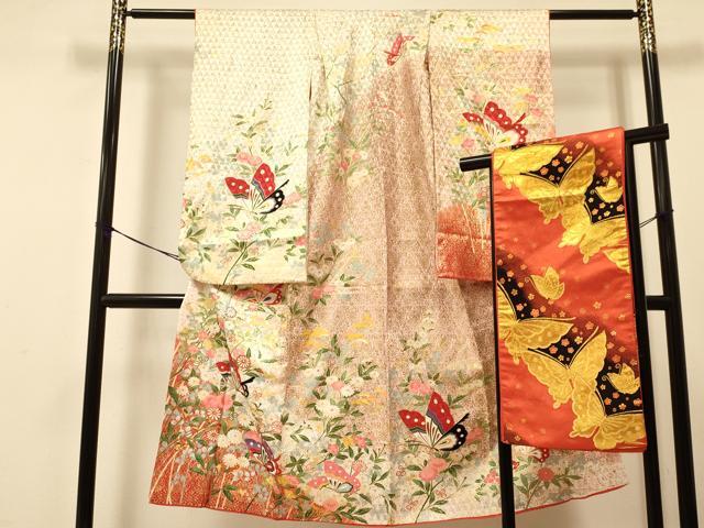 平和屋着物[]七五三　女の子　７歳　祝着　四つ身　袋帯セット　花蝶文　金彩　逸品　DAAS9026ma