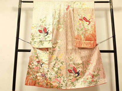平和屋着物[]七五三　女の子　７歳　祝着　四つ身　袋帯セット　花蝶文　金彩　逸品　DAAS9026ma