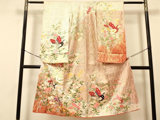 平和屋着物[]七五三　女の子　７歳　祝着　四つ身　袋帯セット　花蝶文　金彩　逸品　DAAS9026ma