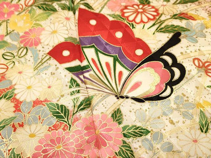平和屋着物[]七五三　女の子　７歳　祝着　四つ身　袋帯セット　花蝶文　金彩　逸品　DAAS9026ma