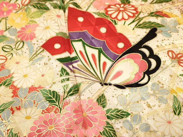 平和屋着物[]七五三　女の子　７歳　祝着　四つ身　袋帯セット　花蝶文　金彩　逸品　DAAS9026ma