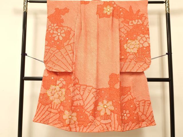 平和屋着物[]七五三　女の子　７歳　祝着　四つ身　つけ帯・小物セット　駒刺繍　総絞り　檜扇花文　逸品　DAAS9029ma