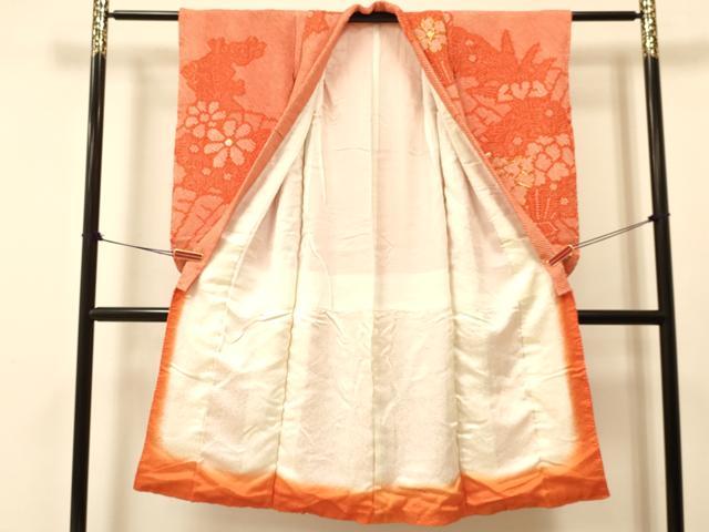 平和屋着物[]七五三　女の子　７歳　祝着　四つ身　つけ帯・小物セット　駒刺繍　総絞り　檜扇花文　逸品　DAAS9029ma