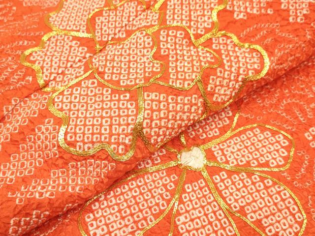 平和屋着物[]七五三　女の子　７歳　祝着　四つ身　つけ帯・小物セット　駒刺繍　総絞り　檜扇花文　逸品　DAAS9029ma