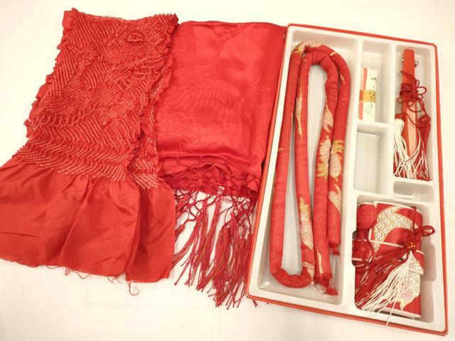 平和屋着物[]七五三　女の子　７歳　祝着　四つ身　つけ帯・小物セット　駒刺繍　総絞り　檜扇花文　逸品　DAAS9029ma