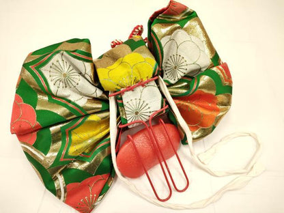 平和屋着物[]七五三　女の子　７歳　祝着　四つ身　つけ帯・小物セット　駒刺繍　総絞り　檜扇花文　逸品　DAAS9029ma