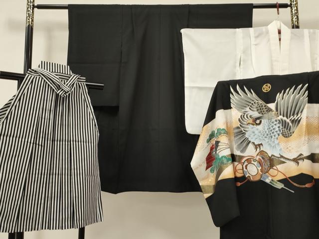 平和屋着物[]七五三　男の子　祝着・羽織・長襦(単衣)・行灯袴セット　鷹　鷲　鼓松文　金彩　洗える着物　DAAS9037ma