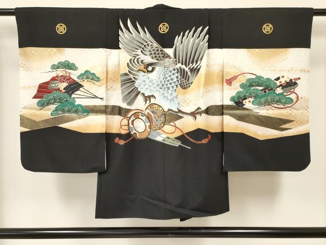 平和屋着物[]七五三　男の子　祝着・羽織・長襦(単衣)・行灯袴セット　鷹　鷲　鼓松文　金彩　洗える着物　DAAS9037ma