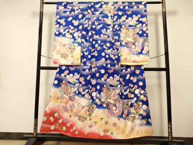 平和屋着物∵女の子　十三参り　子供　祝着・袋帯セット　駒刺繍　花蝶文　暈し染め　金彩　逸品　DAAS9066ma