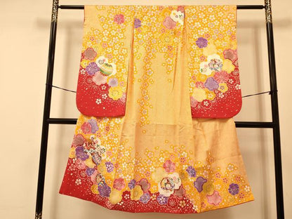 平和屋着物[]七五三　女の子　７歳　祝着　四つ身　襦袢(単衣・半衿刺繍)セット　鞠花文　金彩　逸品　DAAS9069ma