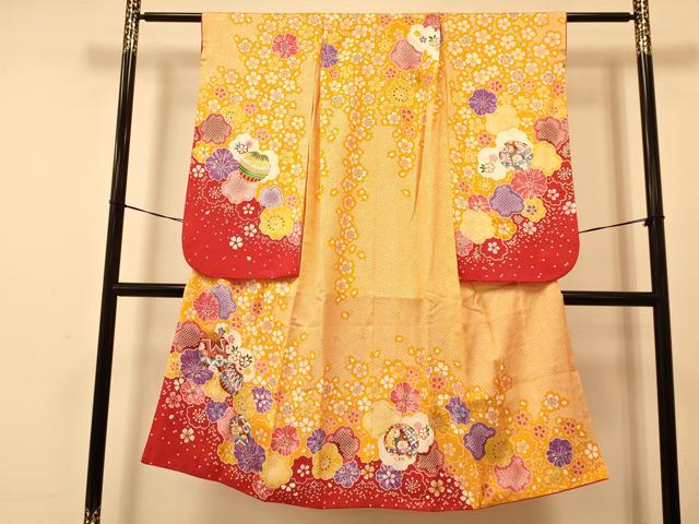 平和屋着物[]七五三　女の子　７歳　祝着　四つ身　襦袢(単衣・半衿刺繍)セット　鞠花文　金彩　逸品　DAAS9069ma