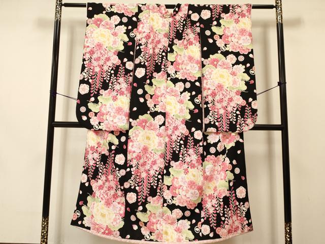平和屋着物[]女の子　十三参り　子供　祝着　牡丹花文　黒地　金彩　洗える着物　DAAS9132ma