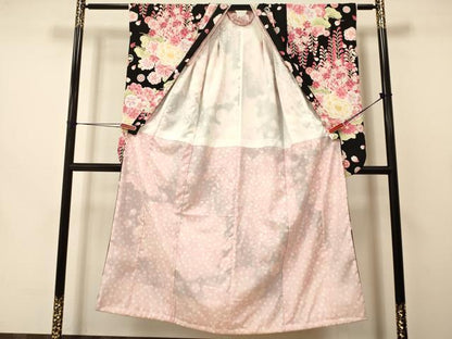 平和屋着物[]女の子　十三参り　子供　祝着　牡丹花文　黒地　金彩　洗える着物　DAAS9132ma