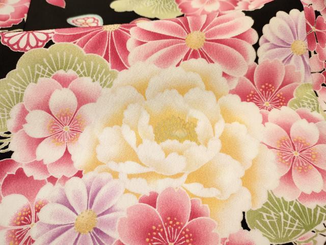 平和屋着物[]女の子　十三参り　子供　祝着　牡丹花文　黒地　金彩　洗える着物　DAAS9132ma
