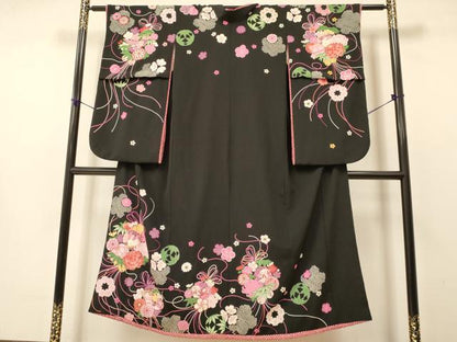 平和屋着物∵女の子 十三参り 子供 祝着 うさぎ くま いぬ 吉祥花文 黒地 金彩 洗える着物 DAAS9139ma