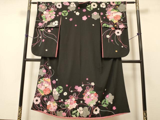 平和屋着物∵女の子 十三参り 子供 祝着 うさぎ くま いぬ 吉祥花文 黒地 金彩 洗える着物 DAAS9139ma