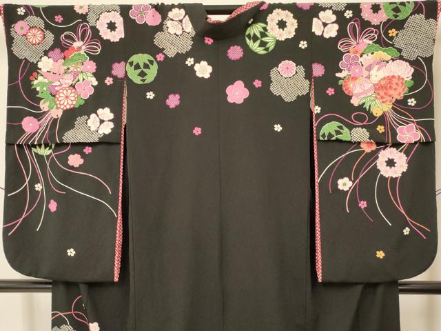 平和屋着物∵女の子 十三参り 子供 祝着 うさぎ くま いぬ 吉祥花文 黒地 金彩 洗える着物 DAAS9139ma