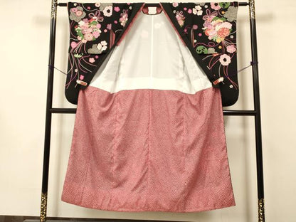 平和屋着物∵女の子 十三参り 子供 祝着 うさぎ くま いぬ 吉祥花文 黒地 金彩 洗える着物 DAAS9139ma
