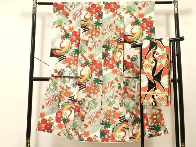 平和屋着物[]アンティーク　大正ロマン　七五三　女の子　７歳　祝着　四つ身　丸帯セット　孔雀花文　金銀彩　DAAS9151ma