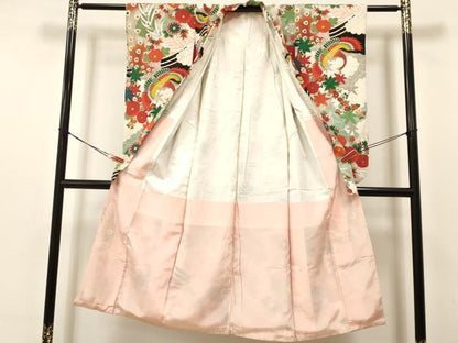 平和屋着物[]アンティーク　大正ロマン　七五三　女の子　７歳　祝着　四つ身　丸帯セット　孔雀花文　金銀彩　DAAS9151ma