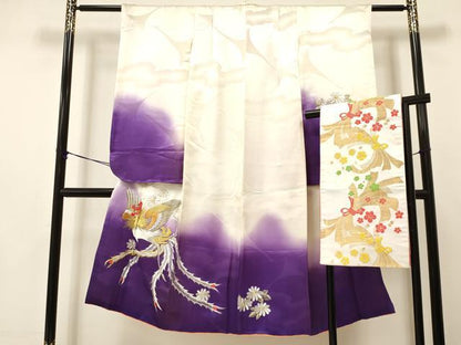 平和屋着物[]七五三　女の子　７歳　祝着　四つ身　袋帯セット　総刺繍　花鳥文　暈し染め　金銀糸　洗える着物　DAAS9211ma