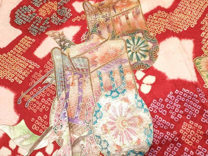 平和屋着物[]七五三　女の子　７歳　祝着　四つ身　袋帯セット　絞り　御所車花文　金銀彩　逸品　DAAS9223ma