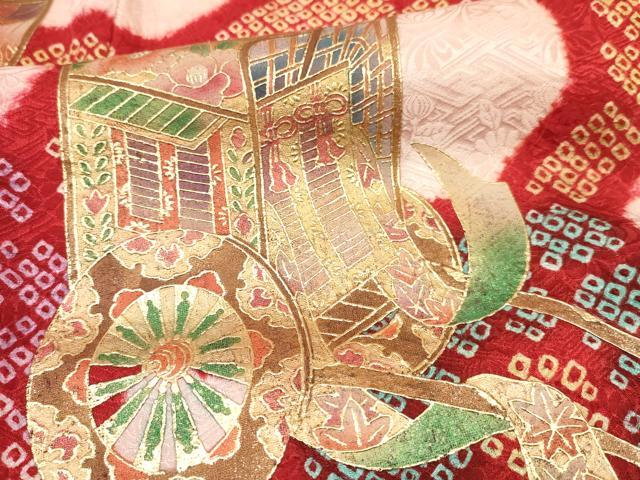 平和屋着物[]七五三　女の子　７歳　祝着　四つ身　袋帯セット　絞り　御所車花文　金銀彩　逸品　DAAS9223ma