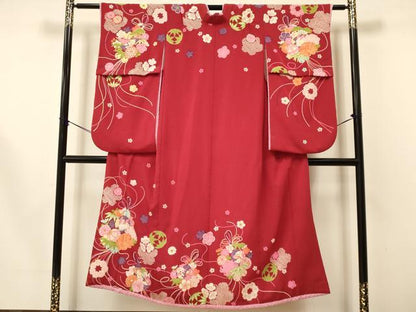 平和屋着物∵女の子 十三参り 子供 兎 犬 熊 折り鶴 雪輪鞠花文 金彩 洗える着物 DAAS9247ma