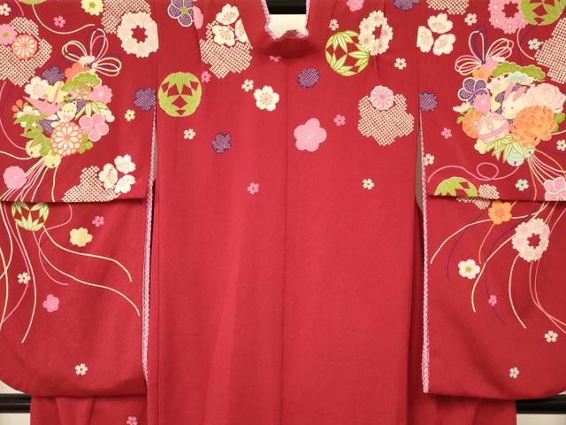 平和屋着物∵女の子 十三参り 子供 兎 犬 熊 折り鶴 雪輪鞠花文 金彩 洗える着物 DAAS9247ma