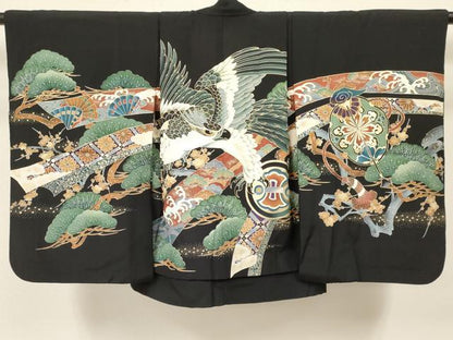 平和屋着物[]七五三　男の子　羽織・長襦袢(単衣)・行灯袴・小物セット　鷹　鷲　梅花松文　金彩　逸品　DAAS9274ma