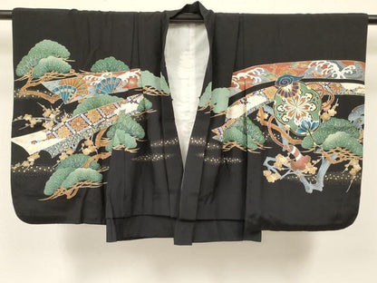 平和屋着物[]七五三　男の子　羽織・長襦袢(単衣)・行灯袴・小物セット　鷹　鷲　梅花松文　金彩　逸品　DAAS9274ma