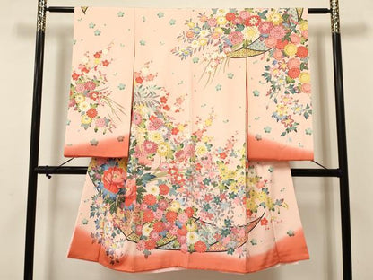 平和屋着物[]七五三　女の子　７歳　祝着　四つ身　襦袢(袷)付き　草花文　花舟　暈し染め　逸品　DAAS9301ma